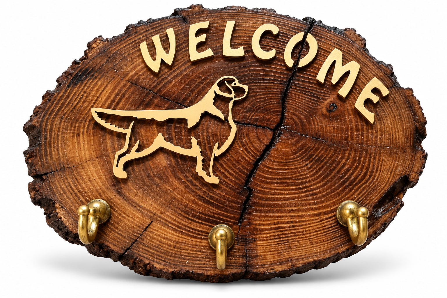 Complete Welcome key holder with a brass Golden Retriever silhouette on a white background