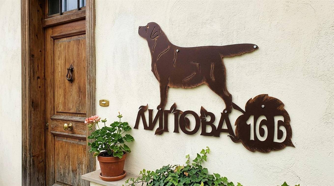 Адресная табличка с лабрадором на фасаде