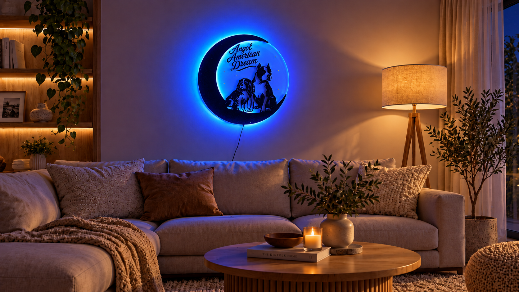 Angol American Dream panel with blue RGB lighting in an evening living-room setting