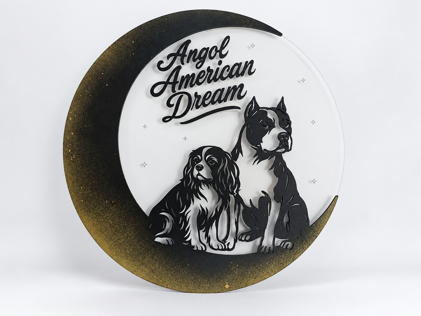 Angol American Dream panel with dogs and a crescent moon on a white background