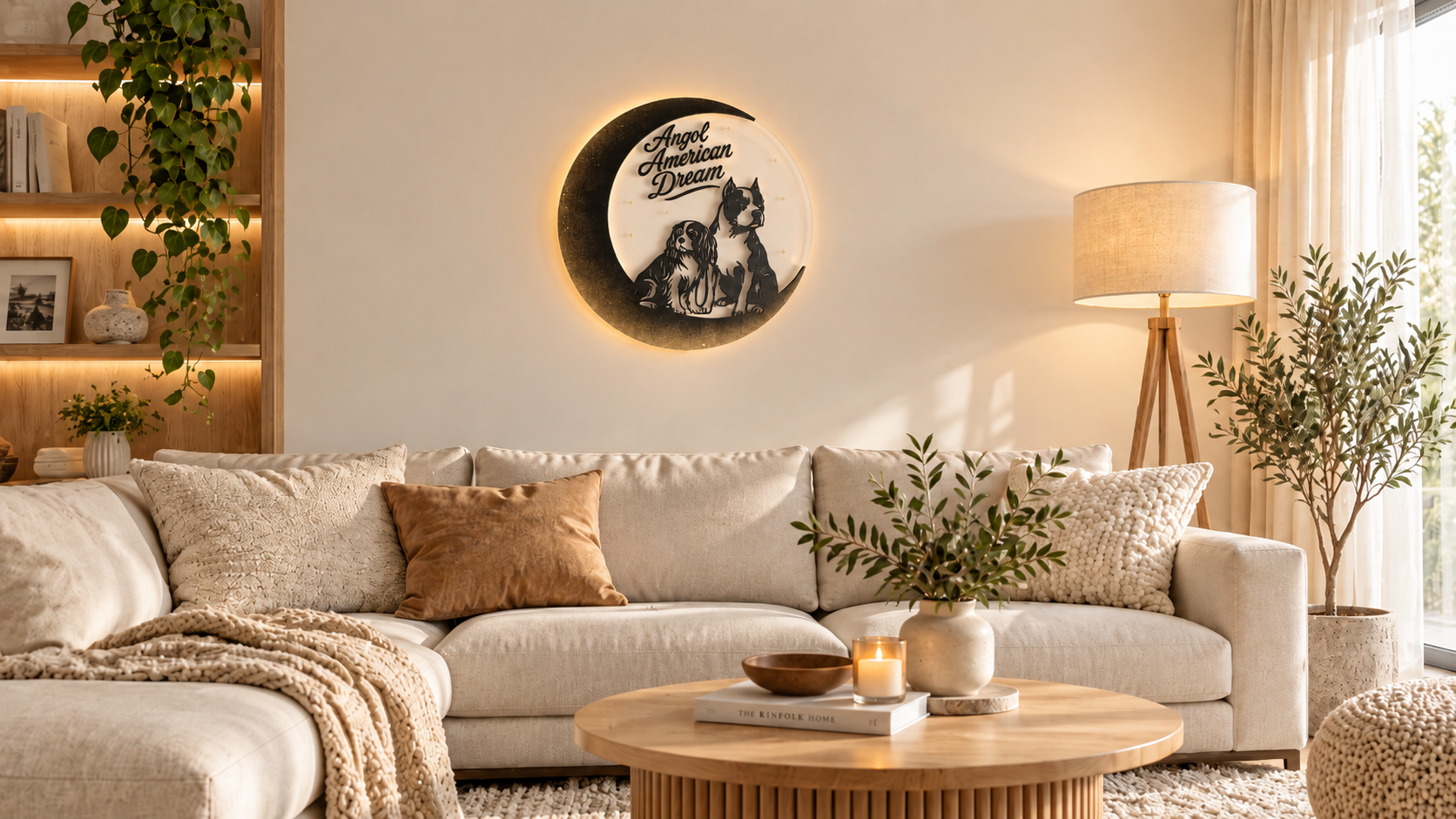 Angol American Dream panel with warm lighting above a living-room sofa