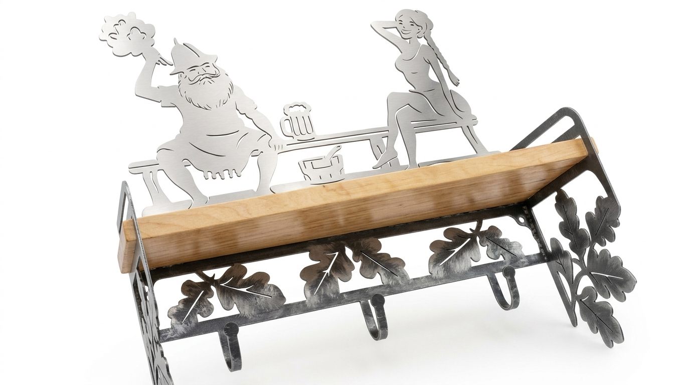 Bath shelf hanger at an angle with brushed pine and metal decor