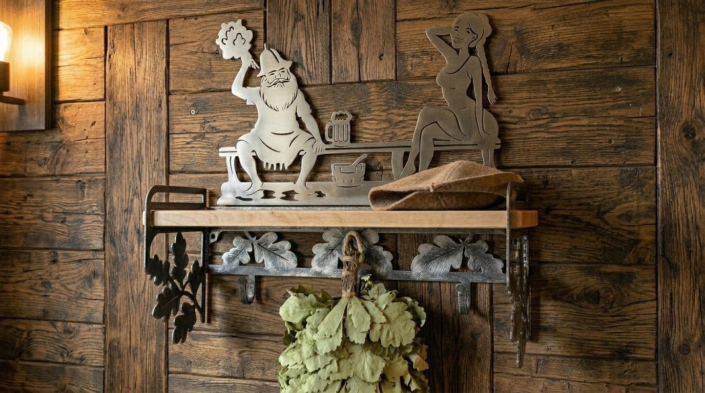 Bath shelf hanger on a wooden wall with sauna accessories