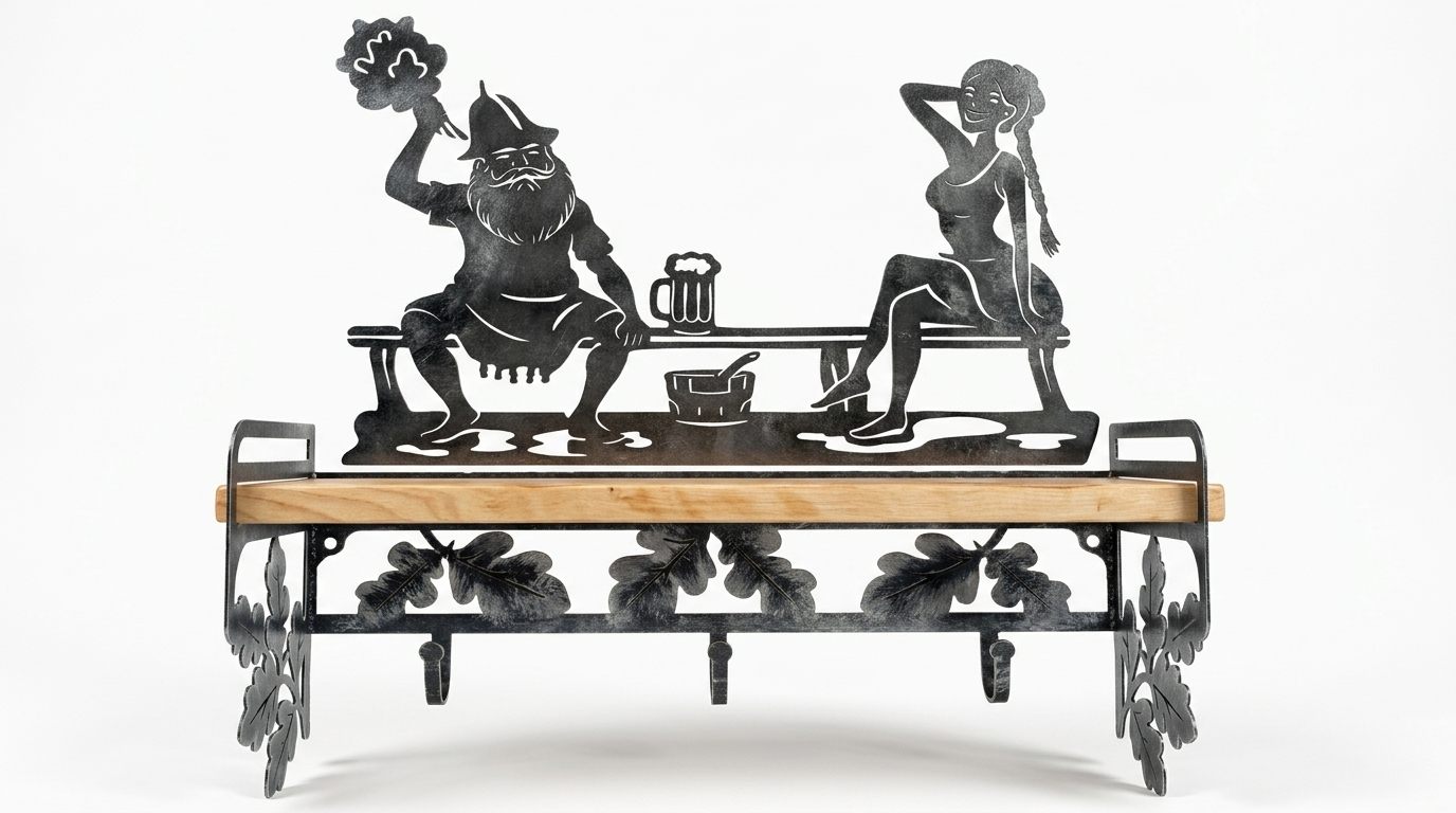 Bath shelf hanger with stainless steel sauna scene and oak leaves