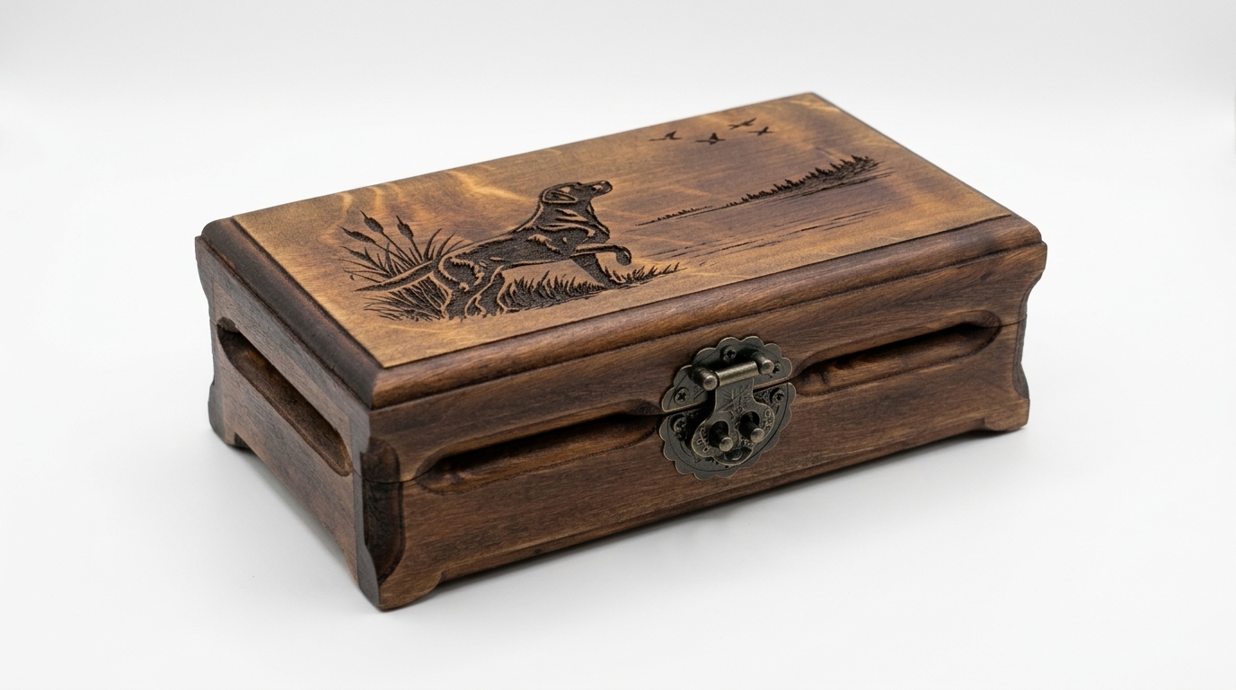 Birch money box with Labrador hunting scene engraving on a white studio background