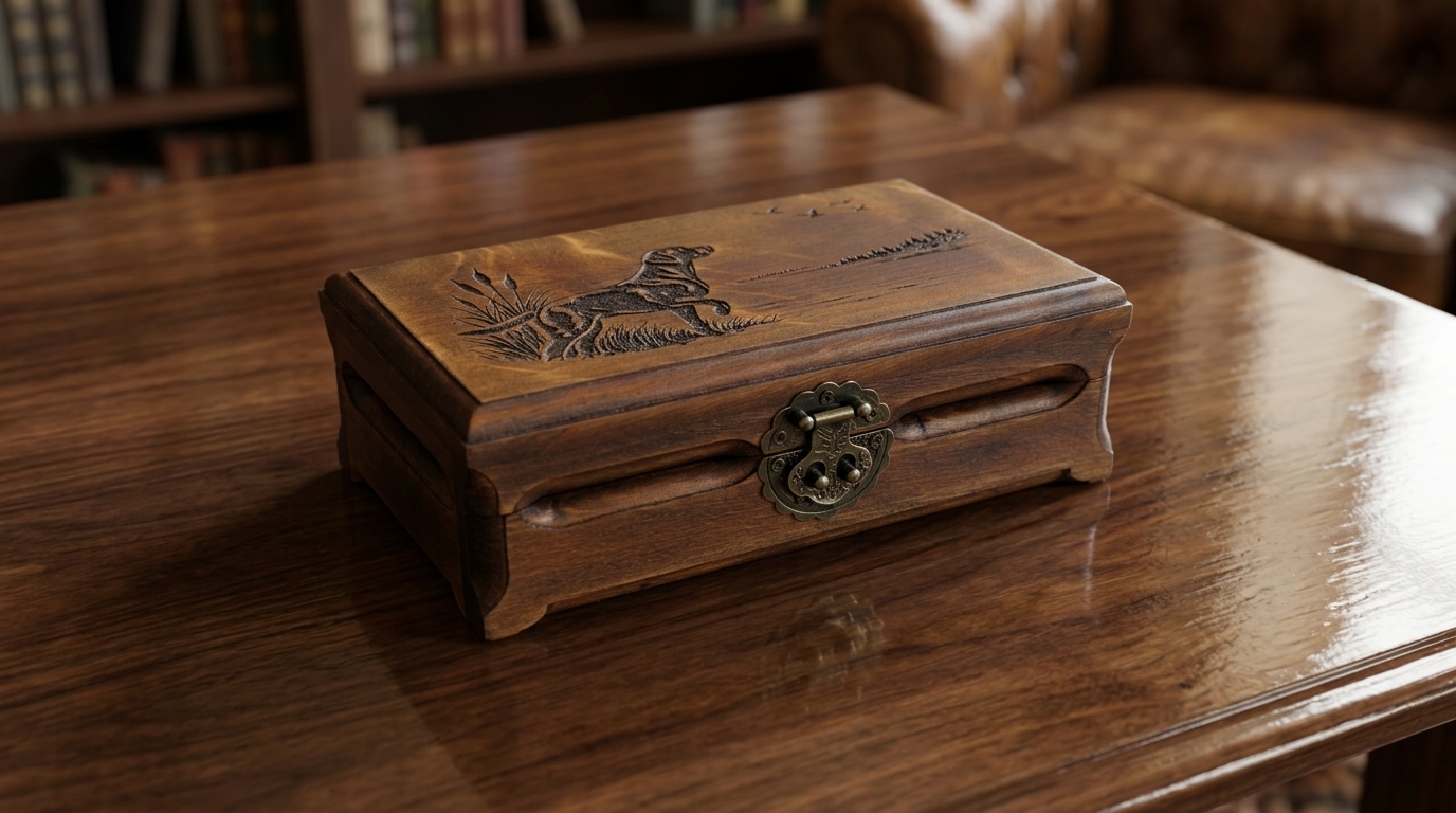 Closed birch money box with Labrador hunting scene engraving on a polished table