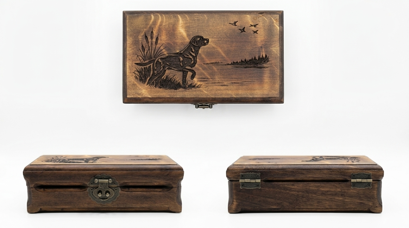 Birch money box shown from top, front, and back on a white studio background