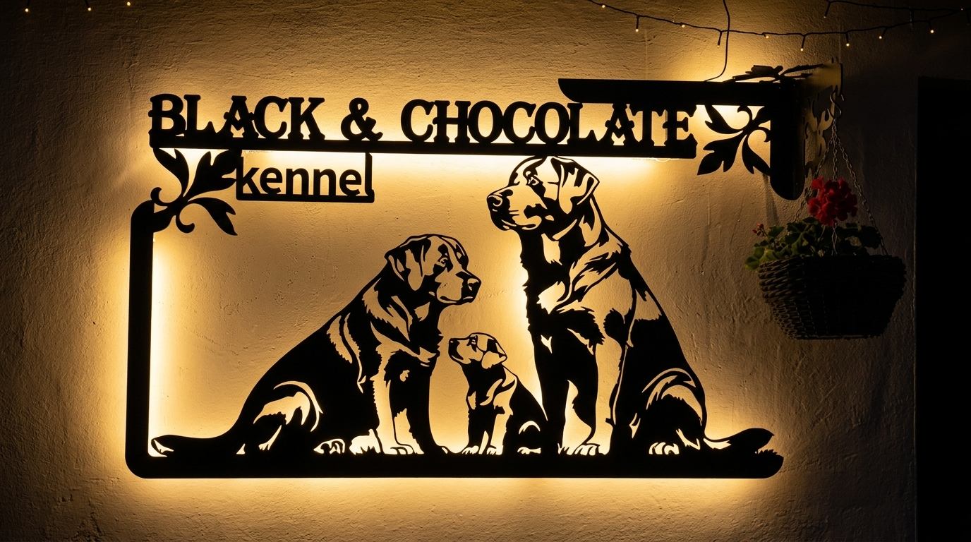 Вывеска питомника Black & Chocolate с теплой LED-подсветкой ночью