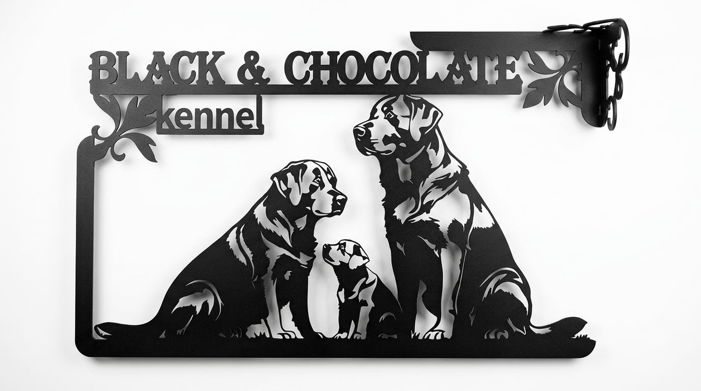 Вывеска питомника Black & Chocolate на белом студийном фоне