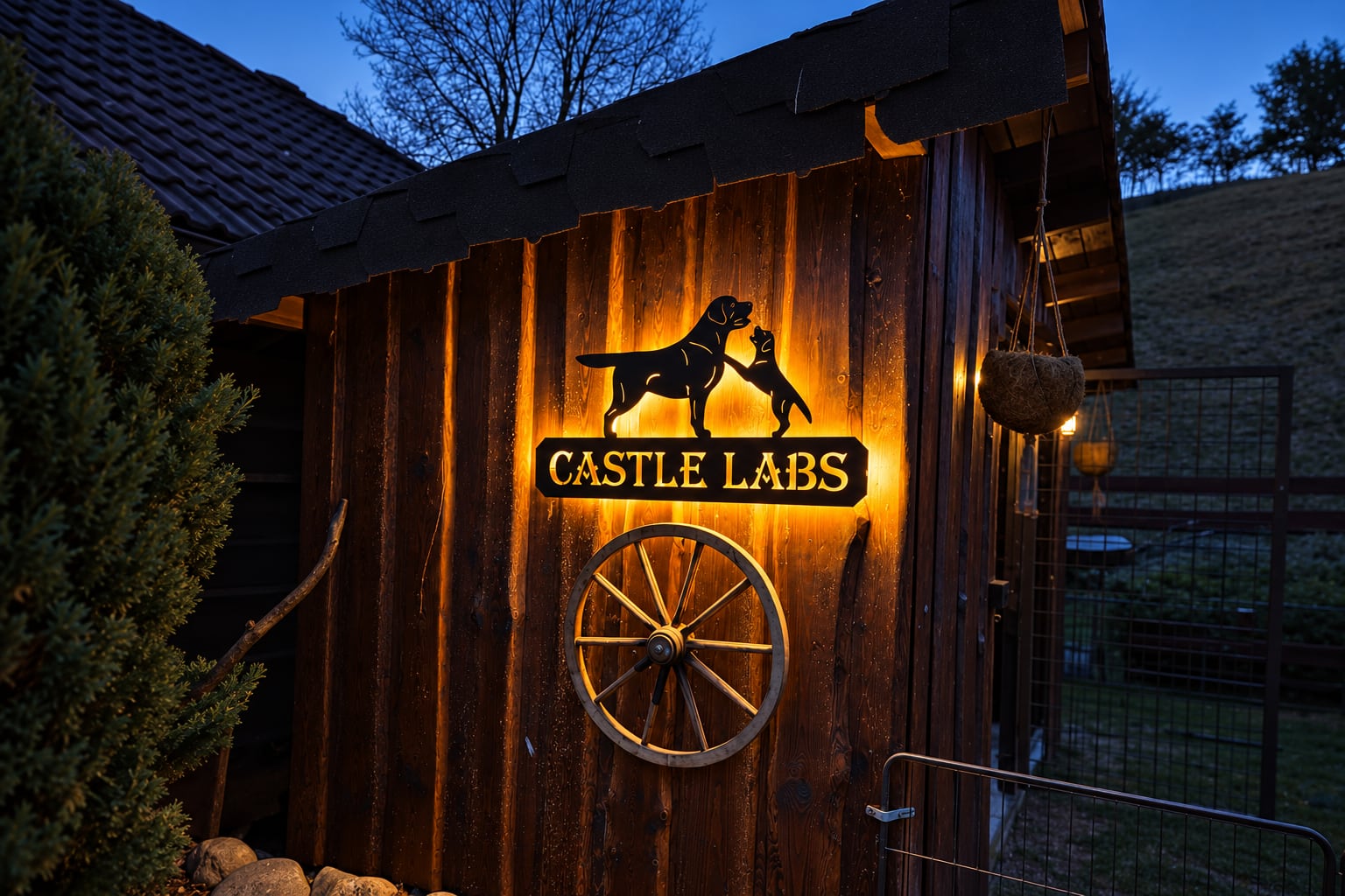 Крупный вечерний вид CASTLE LABS с тёплым контурным свечением