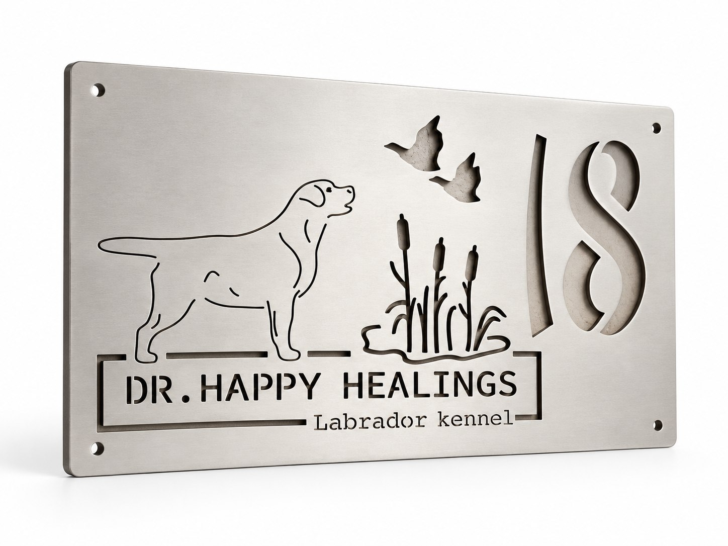 Angled view of the satin stainless sign with Labrador, birds and reeds