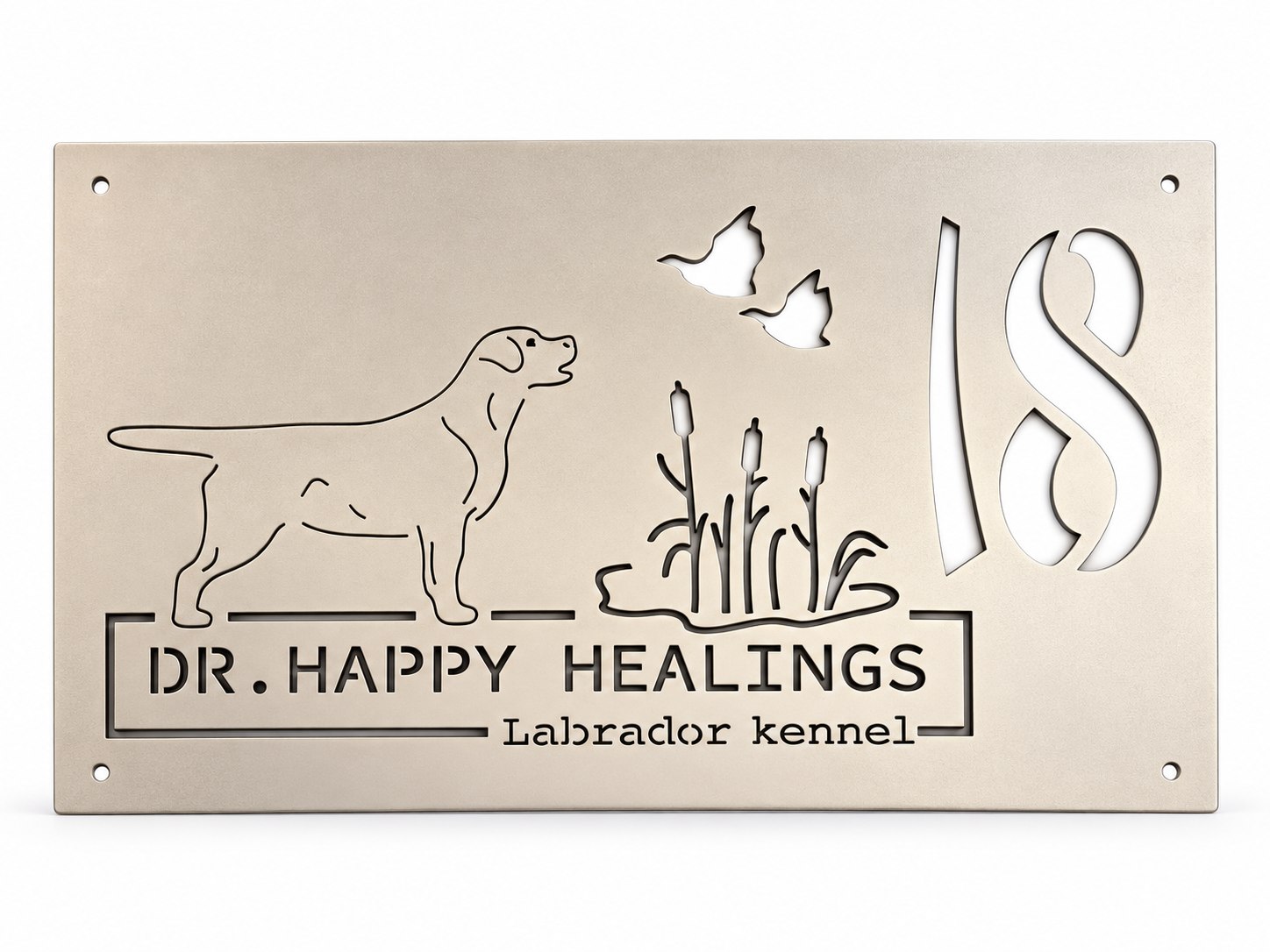 Kennel logo sign with a Labrador and number 18: front view