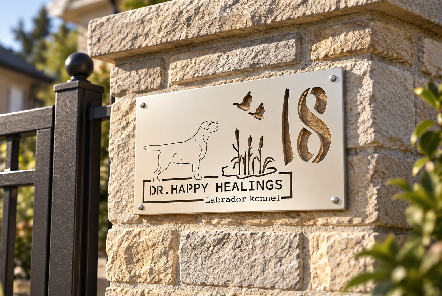 DR. HAPPY HEALINGS sign mounted on a stone gate pillar