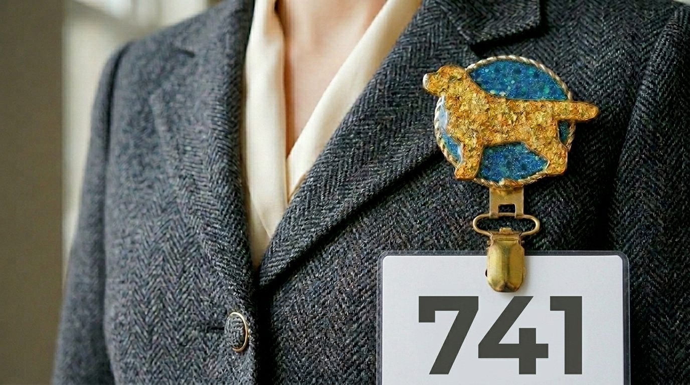Золотой держатель рингового номера на жакете с номером участника