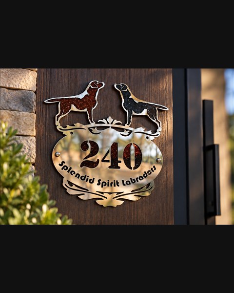Splendid Spirit Labradors number 240 plaque installed on wood at an entrance