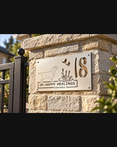 DR. HAPPY HEALINGS sign mounted on a stone gate pillar