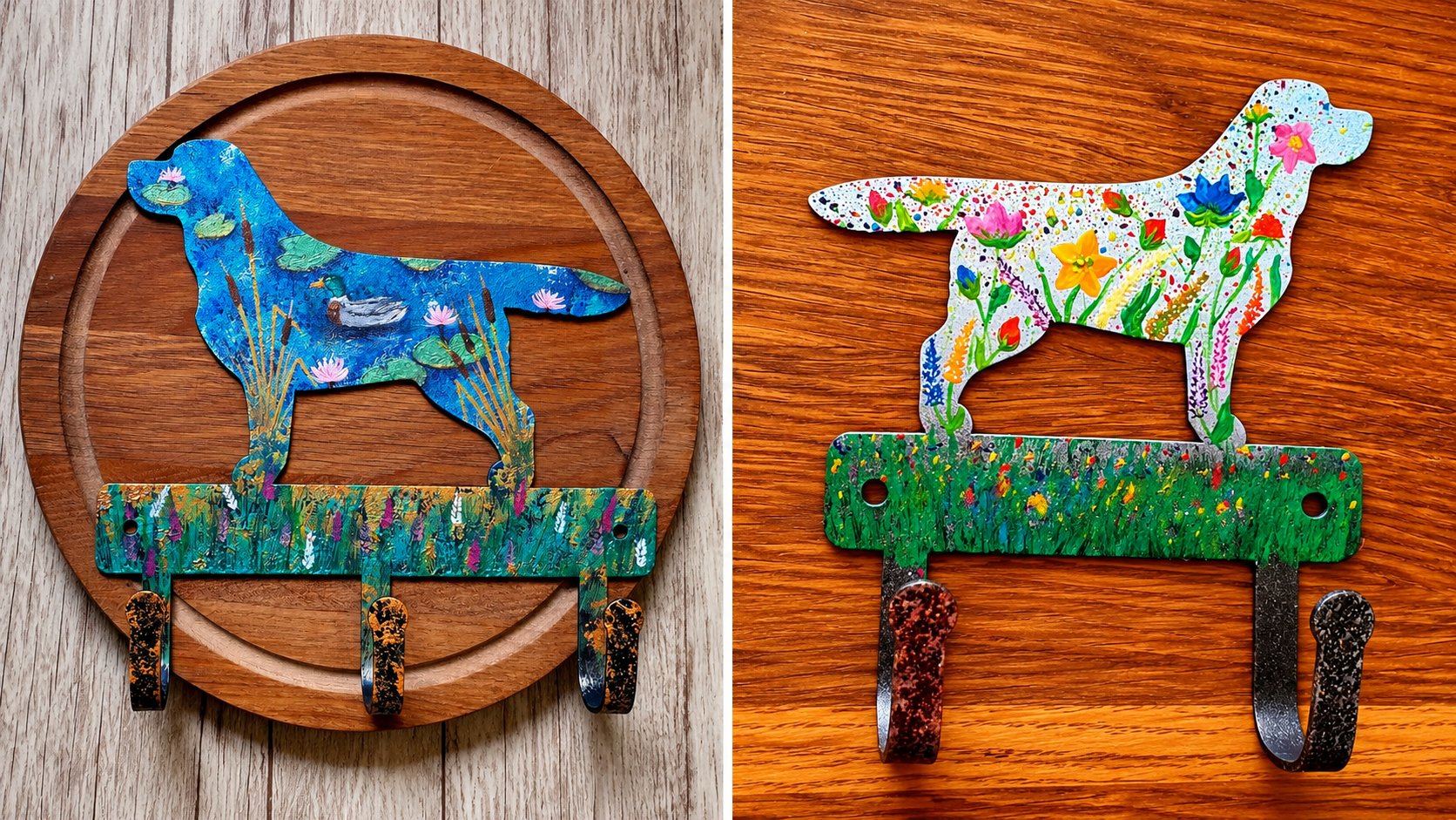 Two hand-painted dog hanger designs with a duck scene and flowers