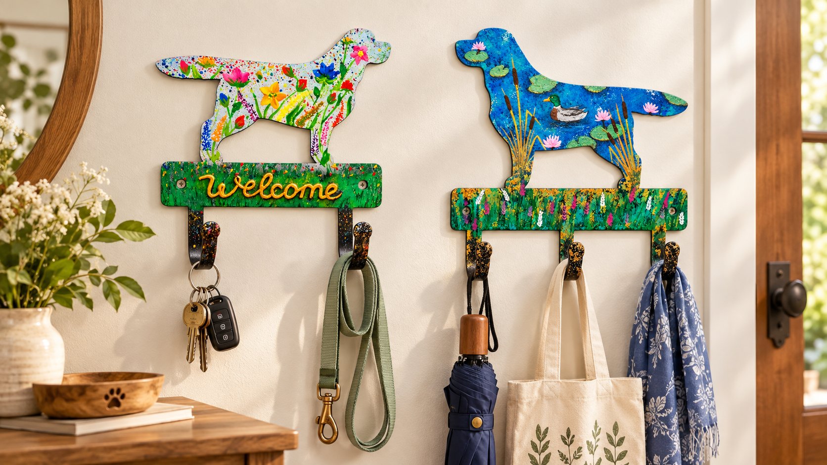 Hand-painted dog hangers holding keys, a leash and accessories in an entryway