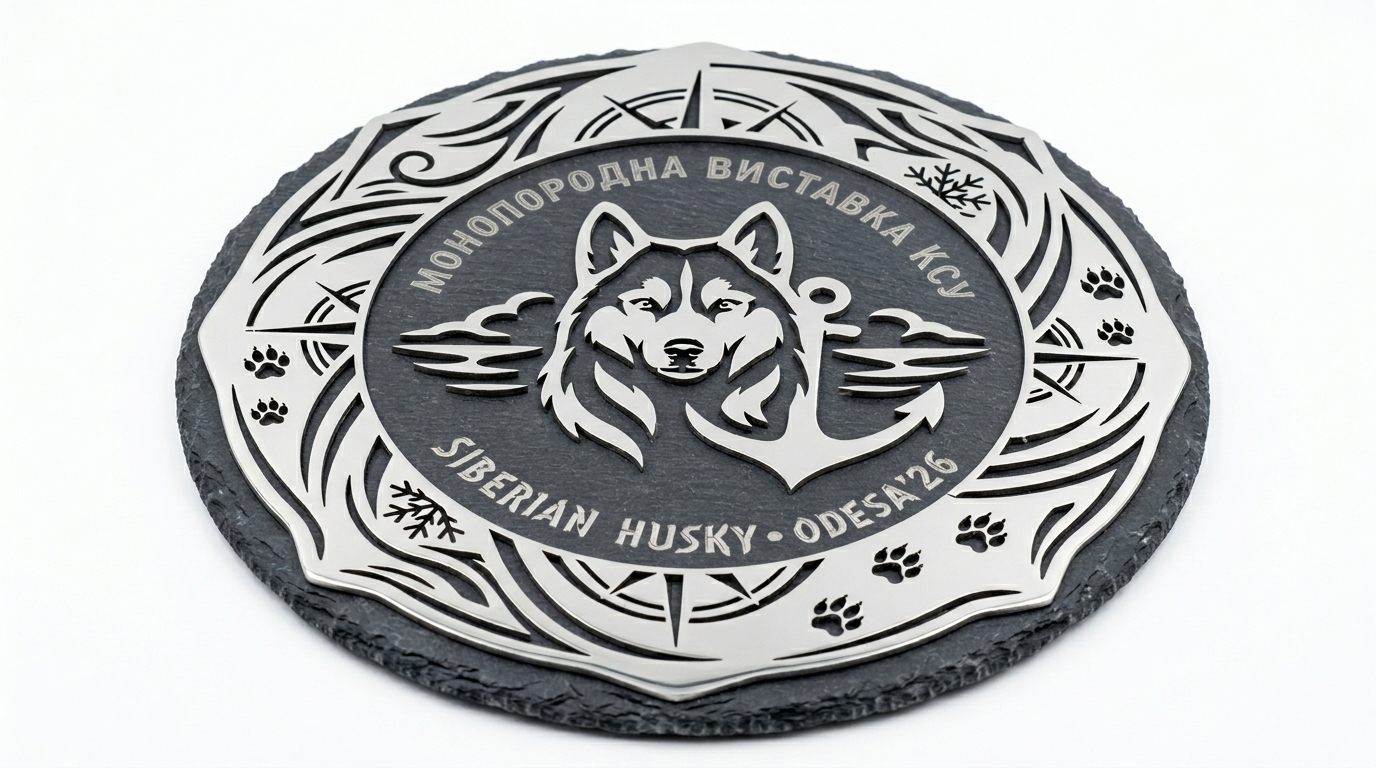 Husky slate award photographed at a low angle showing layered stainless steel details