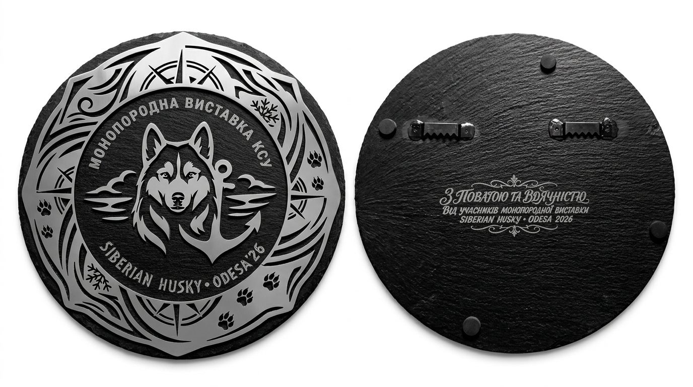 Front and back of the husky slate award with personal inscription and wall mounts