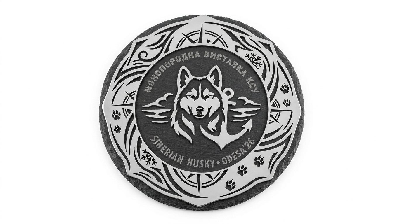 Round black slate and stainless steel husky award on a white studio background