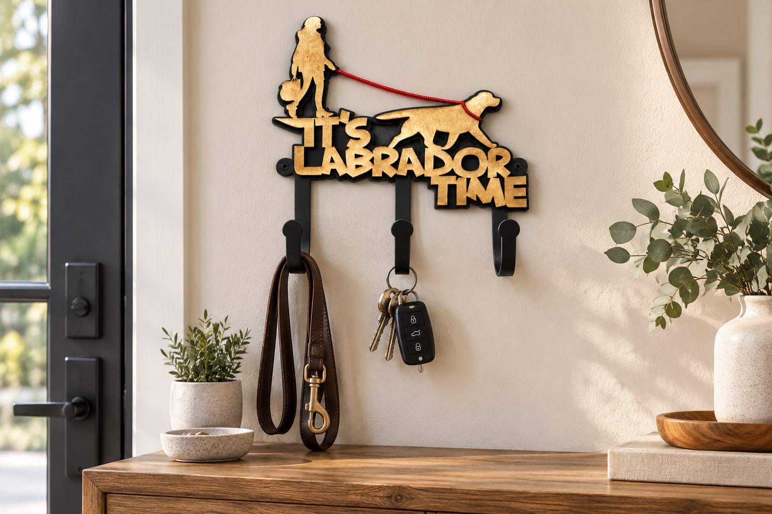 Ключница «It’s Labrador Time» с ключами и поводком в прихожей