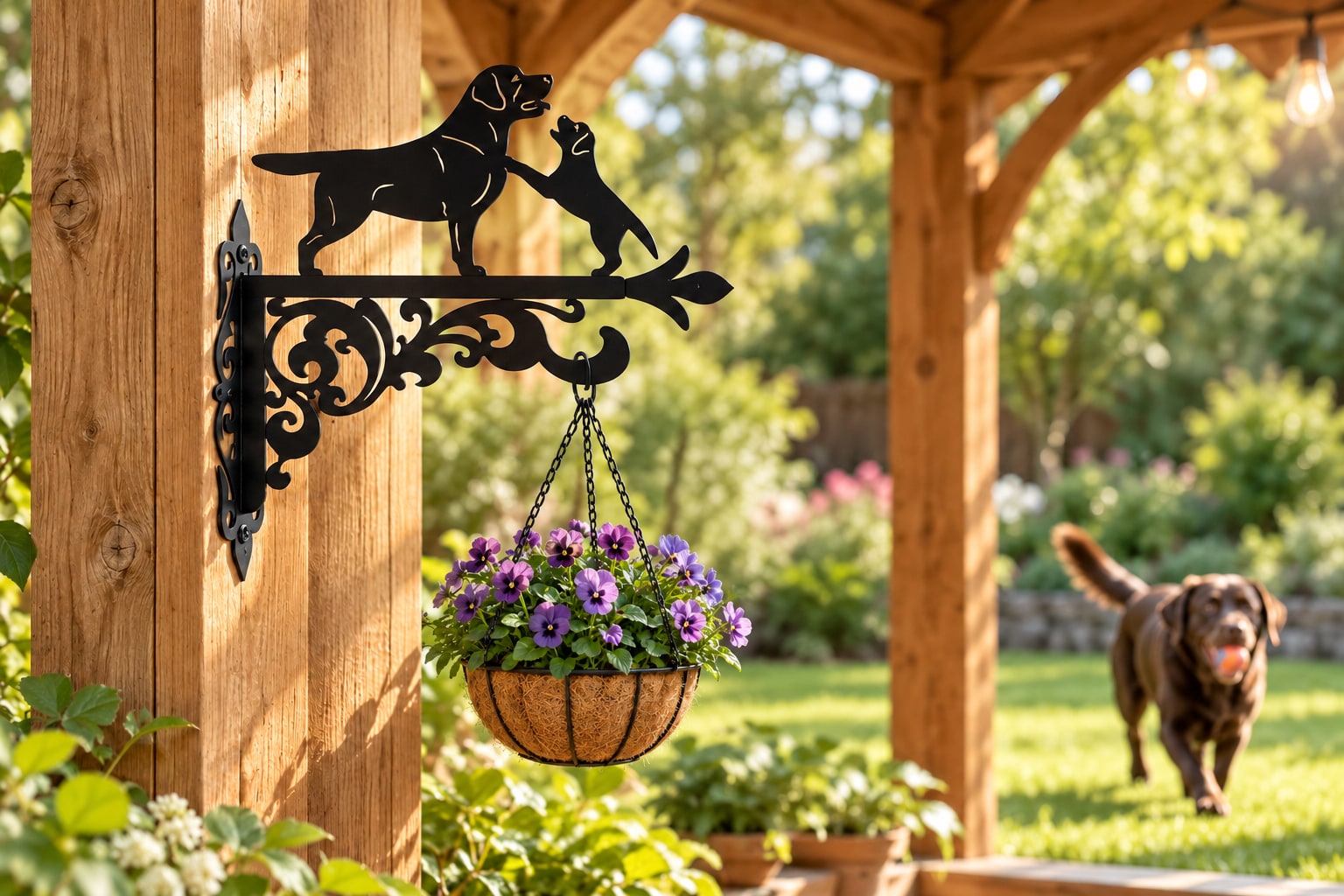 Mother and Puppy bracket with a hanging flower basket on a wooden veranda