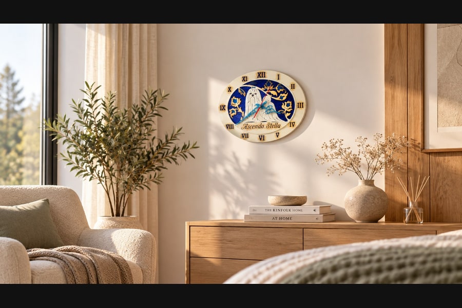 Maltese clock for Ascendo Stella kennel in a Scandinavian interior