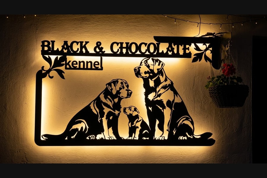 Вывеска питомника Black & Chocolate с теплой LED-подсветкой ночью