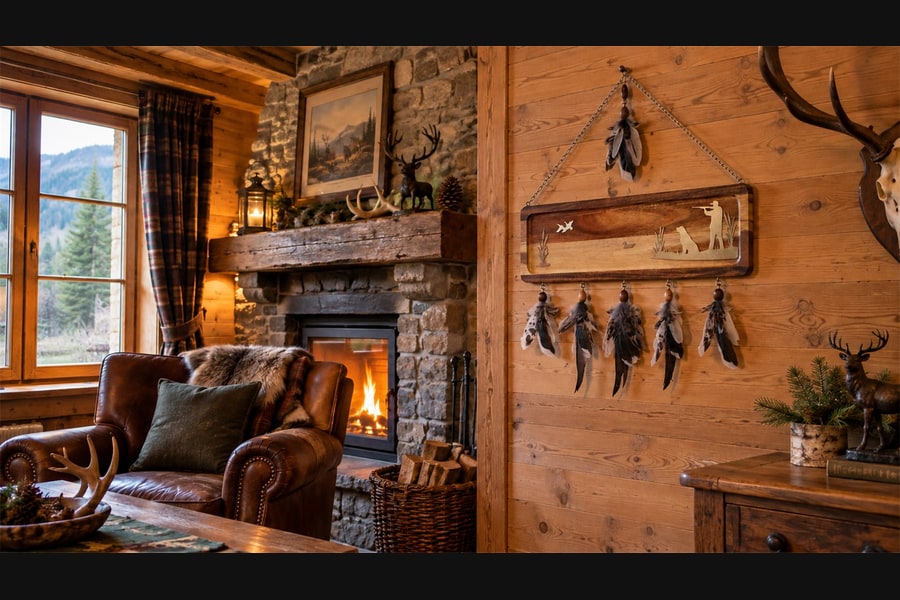 Silent Hunt panel in a hunting lodge interior beside a fireplace