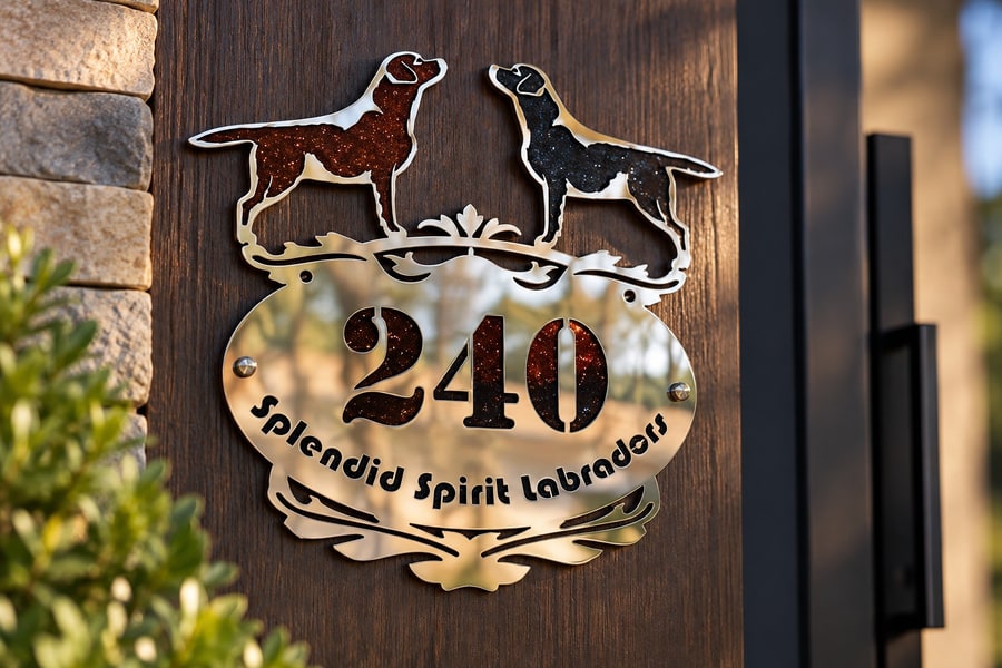 Табличка Splendid Spirit Labradors с номером 240 на деревянной поверхности у входа