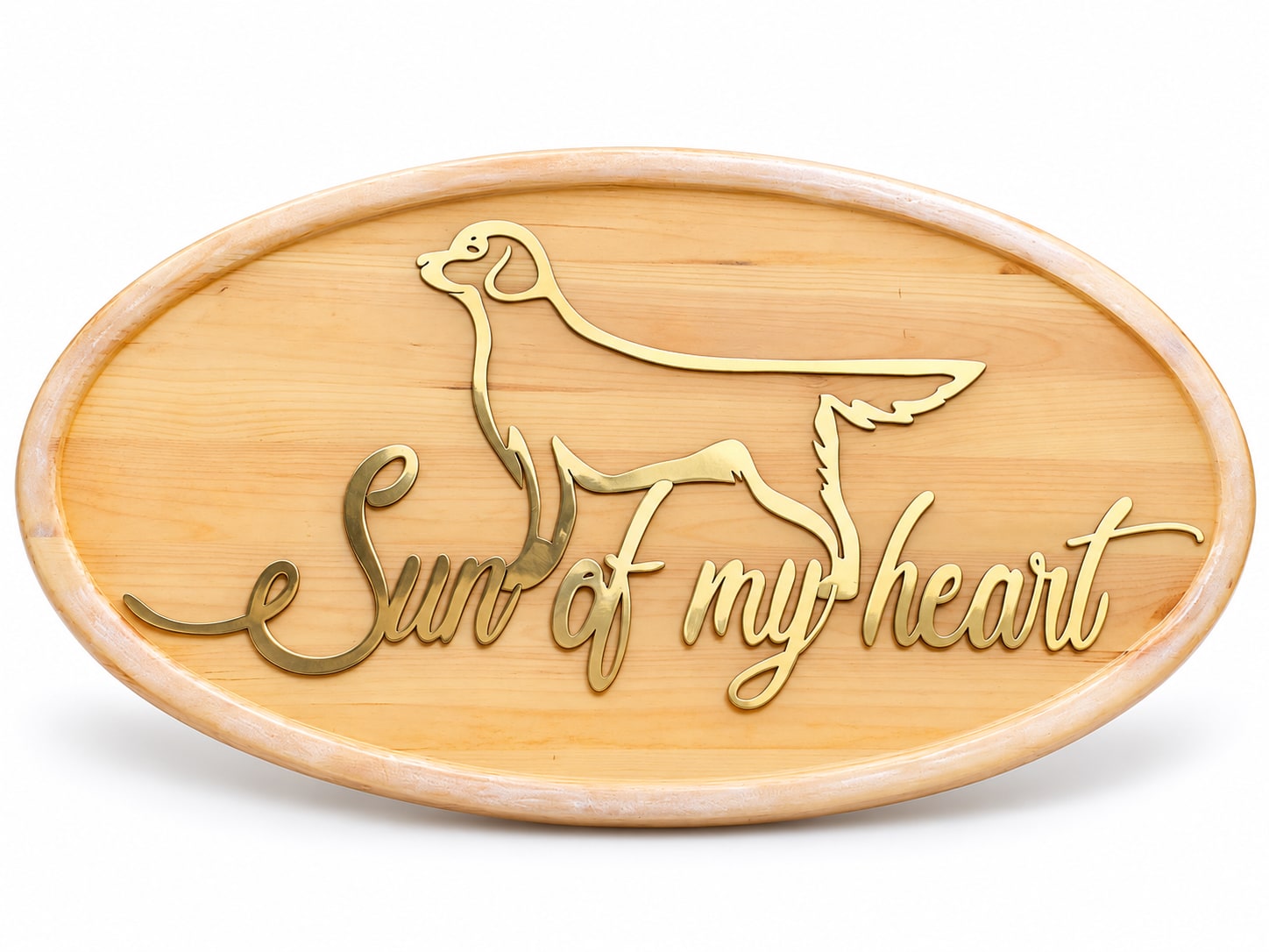 Complete oval Sun of My Heart ash and brass panel on a white background
