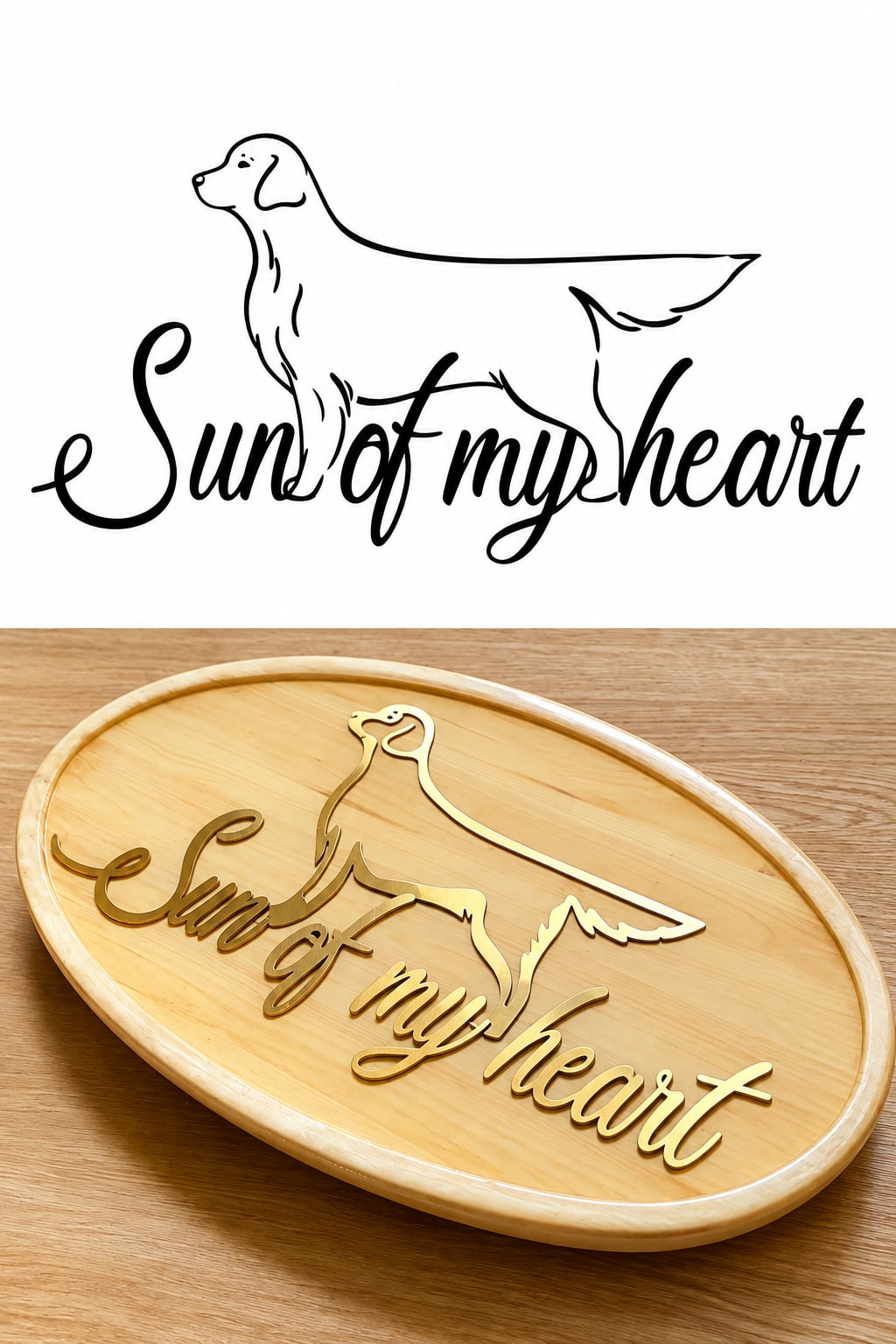 Original Sun of My Heart kennel logo alongside its interpretation in wood and brass